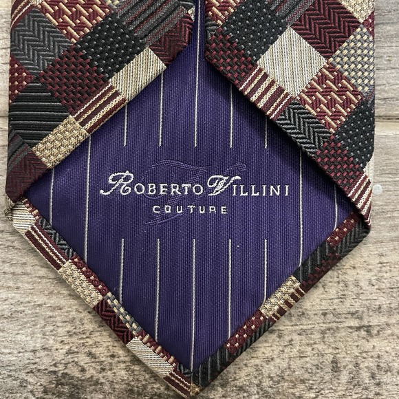Roberto Villini Couture 100% Silk Tie Men's Burgundy Grey Black Quilt Pattern - Picture 2 of 7